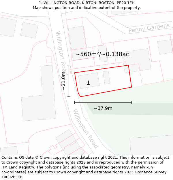 1, WILLINGTON ROAD, KIRTON, BOSTON, PE20 1EH: Plot and title map