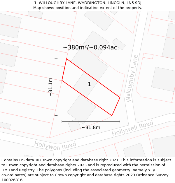 1, WILLOUGHBY LANE, WADDINGTON, LINCOLN, LN5 9DJ: Plot and title map