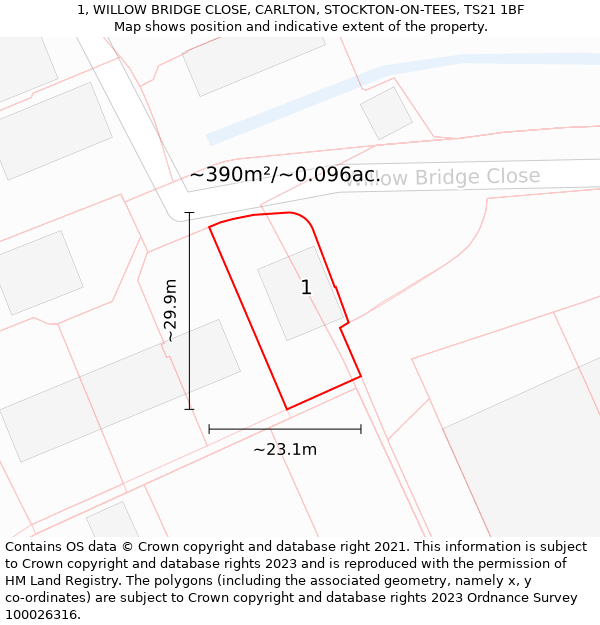 1, WILLOW BRIDGE CLOSE, CARLTON, STOCKTON-ON-TEES, TS21 1BF: Plot and title map