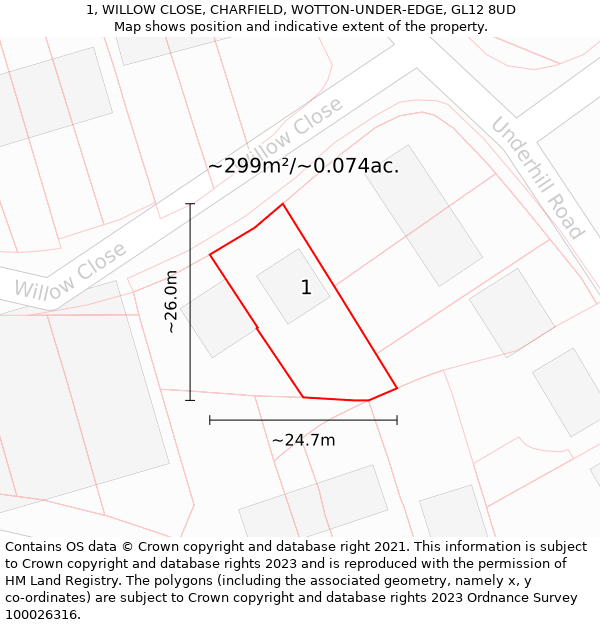 1, WILLOW CLOSE, CHARFIELD, WOTTON-UNDER-EDGE, GL12 8UD: Plot and title map