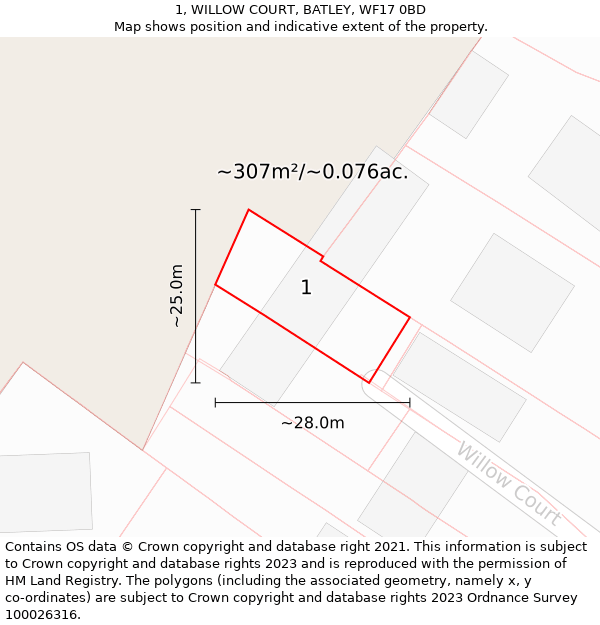 1, WILLOW COURT, BATLEY, WF17 0BD: Plot and title map