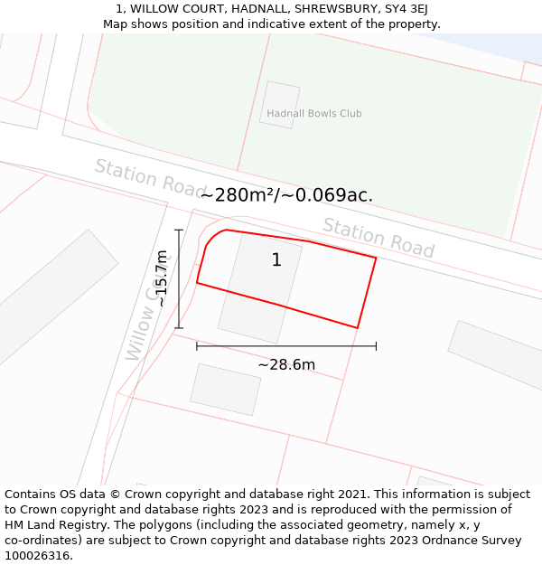 1, WILLOW COURT, HADNALL, SHREWSBURY, SY4 3EJ: Plot and title map