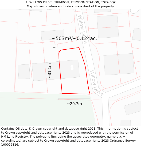 1, WILLOW DRIVE, TRIMDON, TRIMDON STATION, TS29 6QP: Plot and title map