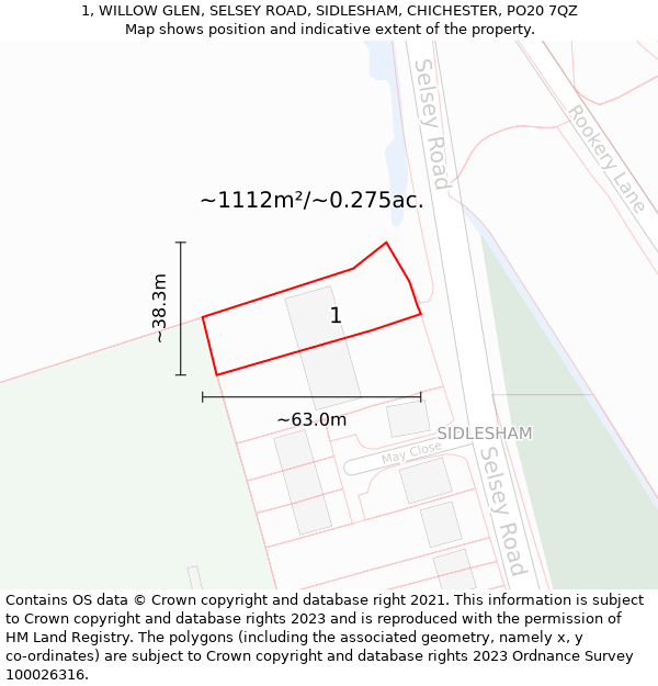 1, WILLOW GLEN, SELSEY ROAD, SIDLESHAM, CHICHESTER, PO20 7QZ: Plot and title map