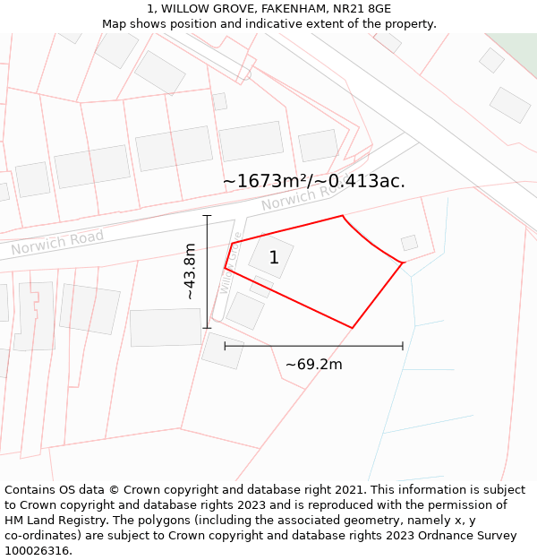 1, WILLOW GROVE, FAKENHAM, NR21 8GE: Plot and title map