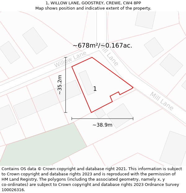 1, WILLOW LANE, GOOSTREY, CREWE, CW4 8PP: Plot and title map