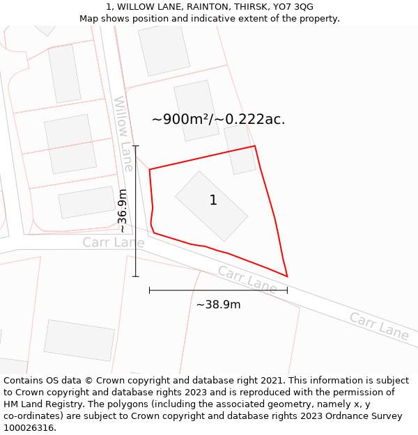 1, WILLOW LANE, RAINTON, THIRSK, YO7 3QG: Plot and title map