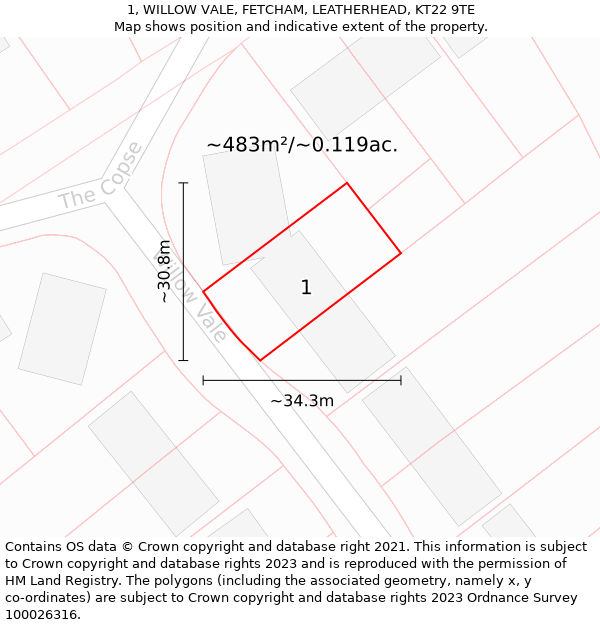 1, WILLOW VALE, FETCHAM, LEATHERHEAD, KT22 9TE: Plot and title map