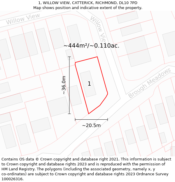 1, WILLOW VIEW, CATTERICK, RICHMOND, DL10 7PD: Plot and title map