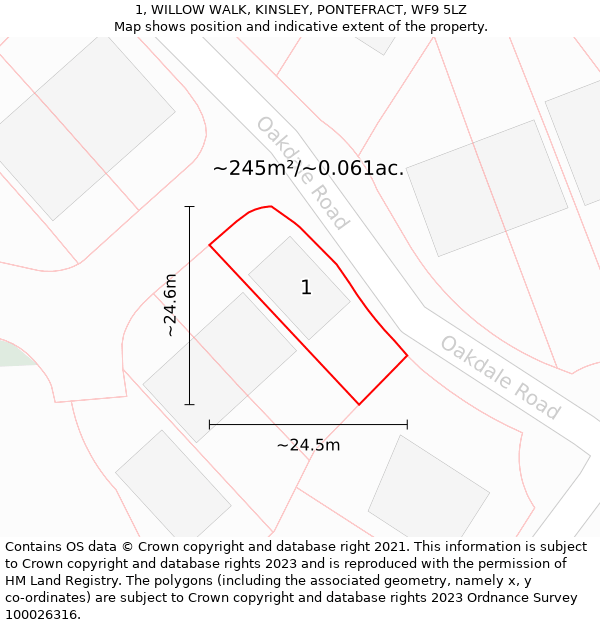 1, WILLOW WALK, KINSLEY, PONTEFRACT, WF9 5LZ: Plot and title map