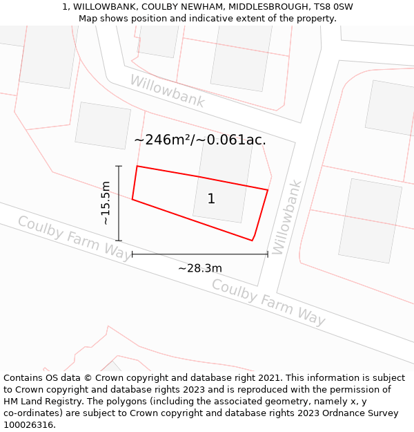 1, WILLOWBANK, COULBY NEWHAM, MIDDLESBROUGH, TS8 0SW: Plot and title map