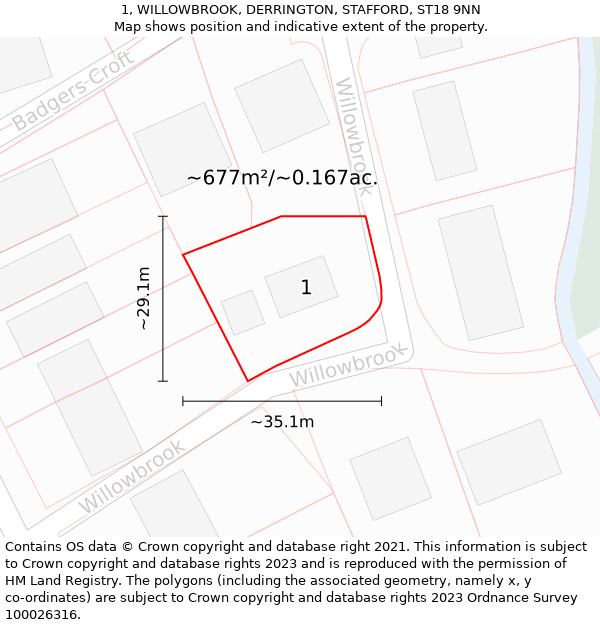 1, WILLOWBROOK, DERRINGTON, STAFFORD, ST18 9NN: Plot and title map