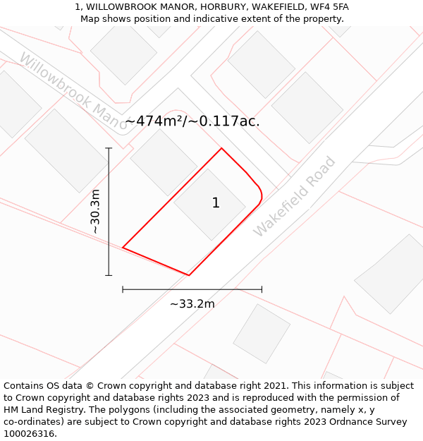 1, WILLOWBROOK MANOR, HORBURY, WAKEFIELD, WF4 5FA: Plot and title map