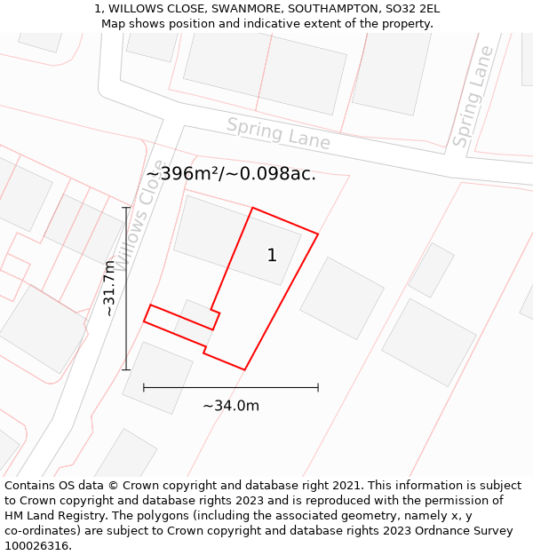 1, WILLOWS CLOSE, SWANMORE, SOUTHAMPTON, SO32 2EL: Plot and title map