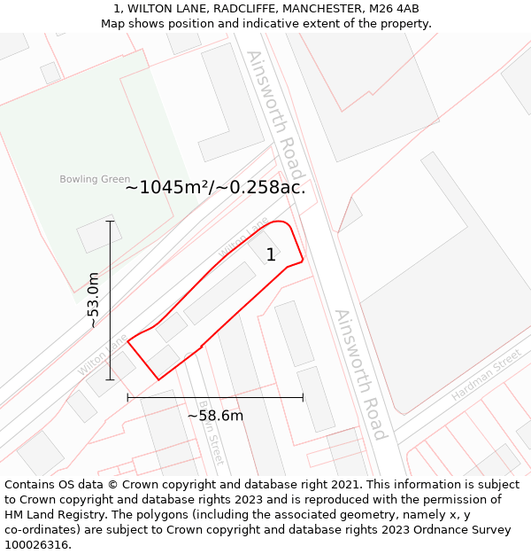 1, WILTON LANE, RADCLIFFE, MANCHESTER, M26 4AB: Plot and title map