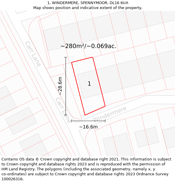 1, WINDERMERE, SPENNYMOOR, DL16 6UA: Plot and title map