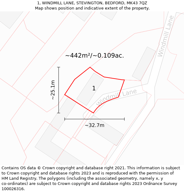 1, WINDMILL LANE, STEVINGTON, BEDFORD, MK43 7QZ: Plot and title map