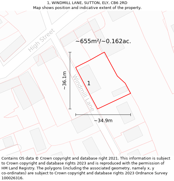 1, WINDMILL LANE, SUTTON, ELY, CB6 2RD: Plot and title map