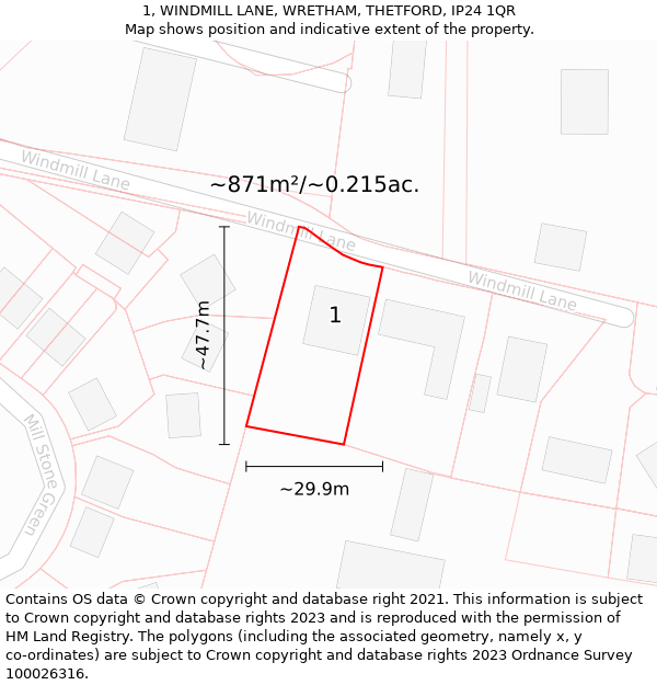 1, WINDMILL LANE, WRETHAM, THETFORD, IP24 1QR: Plot and title map