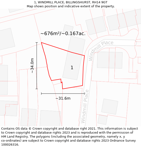 1, WINDMILL PLACE, BILLINGSHURST, RH14 9GT: Plot and title map