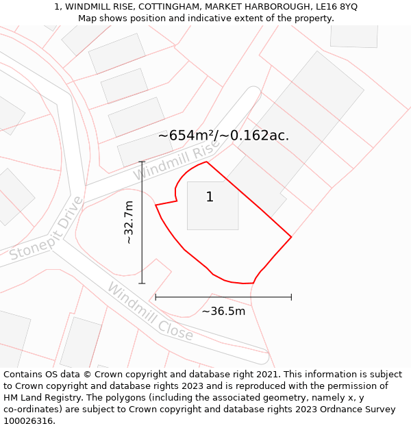 1, WINDMILL RISE, COTTINGHAM, MARKET HARBOROUGH, LE16 8YQ: Plot and title map