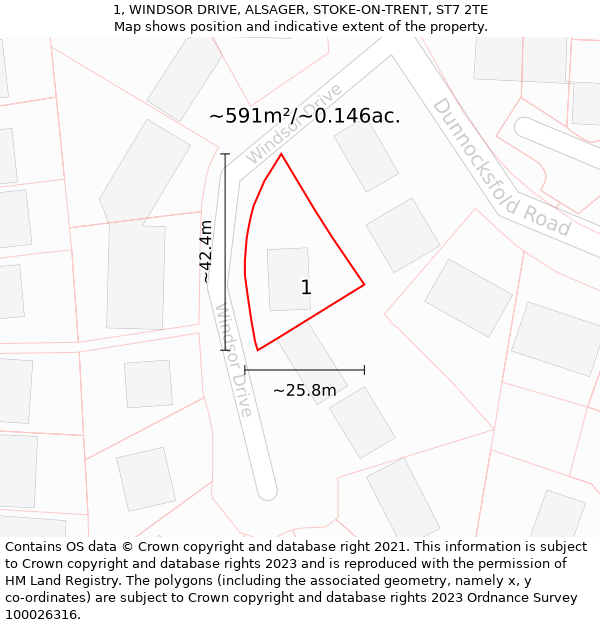 1, WINDSOR DRIVE, ALSAGER, STOKE-ON-TRENT, ST7 2TE: Plot and title map