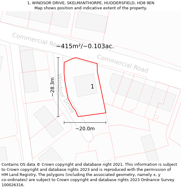 1, WINDSOR DRIVE, SKELMANTHORPE, HUDDERSFIELD, HD8 9EN: Plot and title map