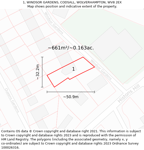 1, WINDSOR GARDENS, CODSALL, WOLVERHAMPTON, WV8 2EX: Plot and title map