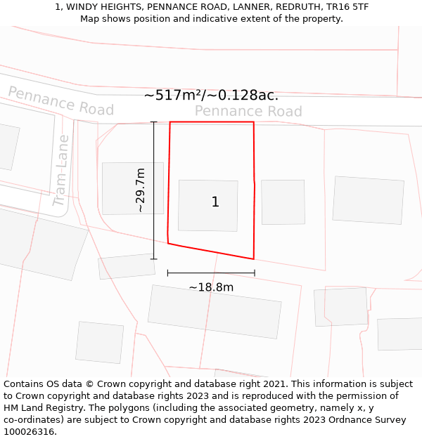 1, WINDY HEIGHTS, PENNANCE ROAD, LANNER, REDRUTH, TR16 5TF: Plot and title map