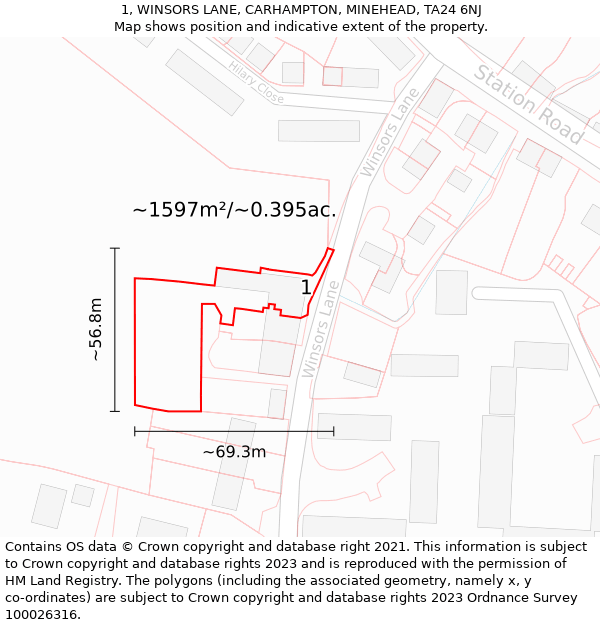 1, WINSORS LANE, CARHAMPTON, MINEHEAD, TA24 6NJ: Plot and title map