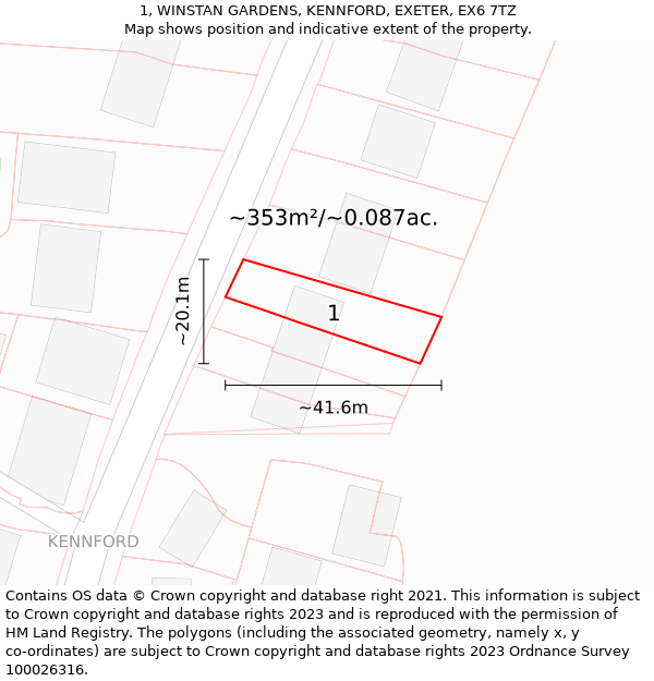 1, WINSTAN GARDENS, KENNFORD, EXETER, EX6 7TZ: Plot and title map