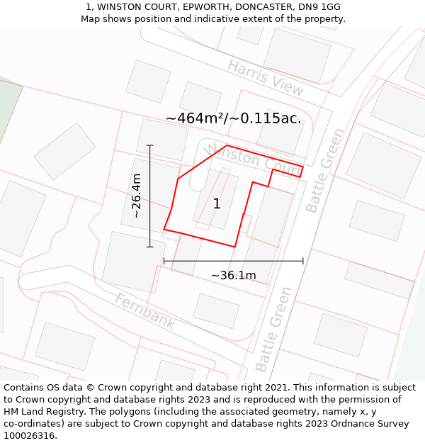 1, WINSTON COURT, EPWORTH, DONCASTER, DN9 1GG: Plot and title map