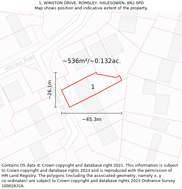 1, WINSTON DRIVE, ROMSLEY, HALESOWEN, B62 0PD: Plot and title map