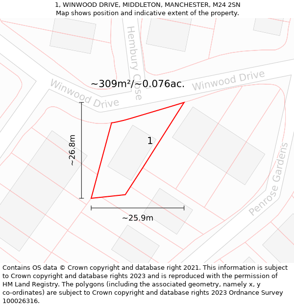 1, WINWOOD DRIVE, MIDDLETON, MANCHESTER, M24 2SN: Plot and title map