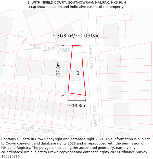 1, WITHINFIELD COURT, SOUTHOWRAM, HALIFAX, HX3 9UH: Plot and title map