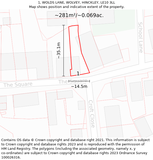 1, WOLDS LANE, WOLVEY, HINCKLEY, LE10 3LL: Plot and title map