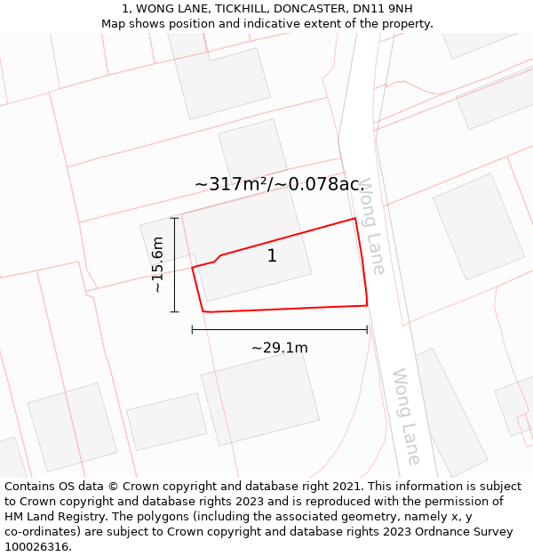 1, WONG LANE, TICKHILL, DONCASTER, DN11 9NH: Plot and title map