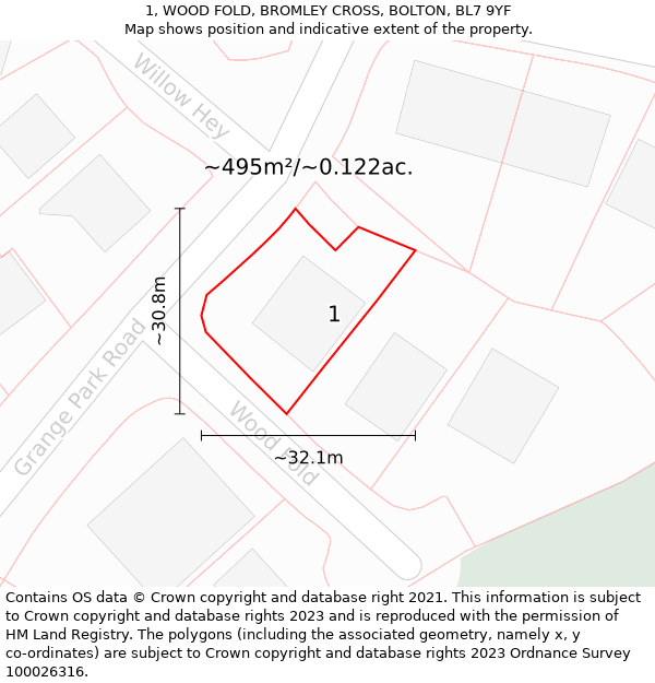 1, WOOD FOLD, BROMLEY CROSS, BOLTON, BL7 9YF: Plot and title map
