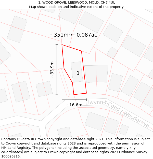 1, WOOD GROVE, LEESWOOD, MOLD, CH7 4UL: Plot and title map