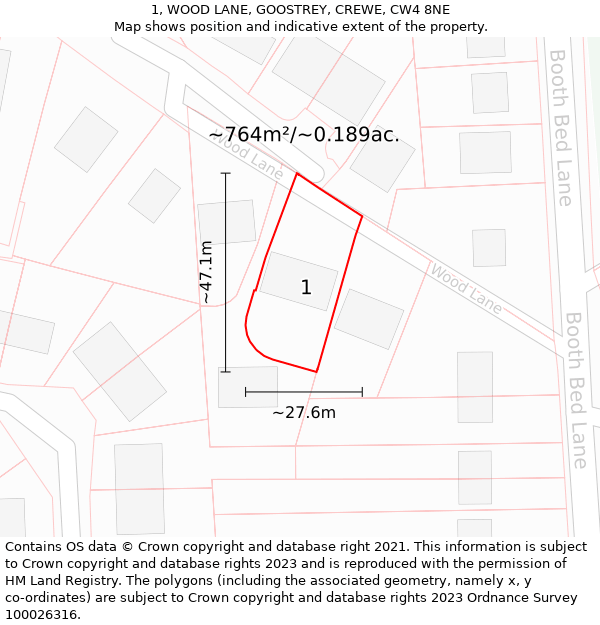 1, WOOD LANE, GOOSTREY, CREWE, CW4 8NE: Plot and title map