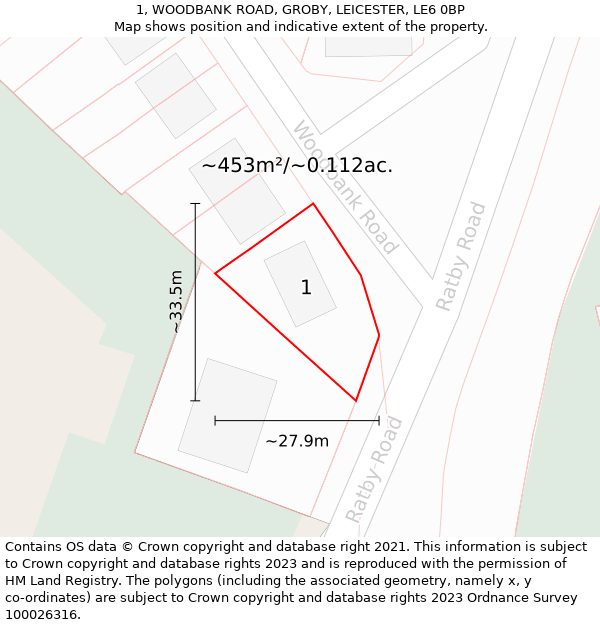 1, WOODBANK ROAD, GROBY, LEICESTER, LE6 0BP: Plot and title map