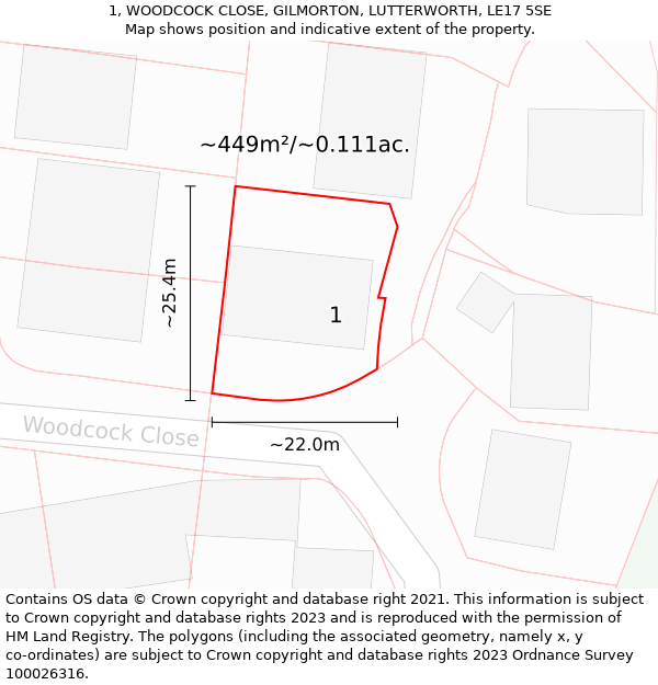 1, WOODCOCK CLOSE, GILMORTON, LUTTERWORTH, LE17 5SE: Plot and title map