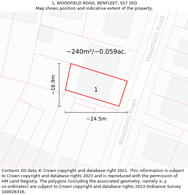 1, WOODFIELD ROAD, BENFLEET, SS7 2EQ: Plot and title map