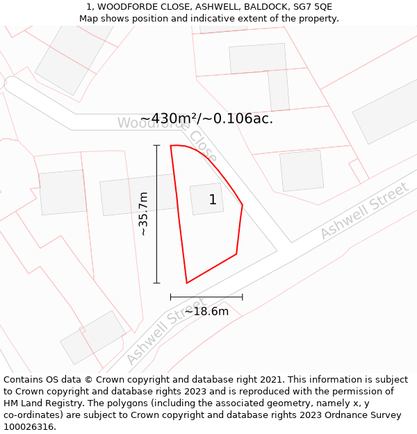 1, WOODFORDE CLOSE, ASHWELL, BALDOCK, SG7 5QE: Plot and title map