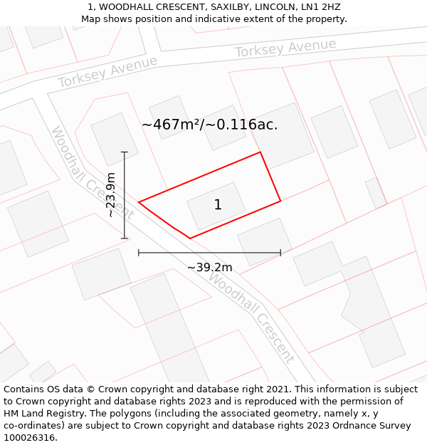 1, WOODHALL CRESCENT, SAXILBY, LINCOLN, LN1 2HZ: Plot and title map