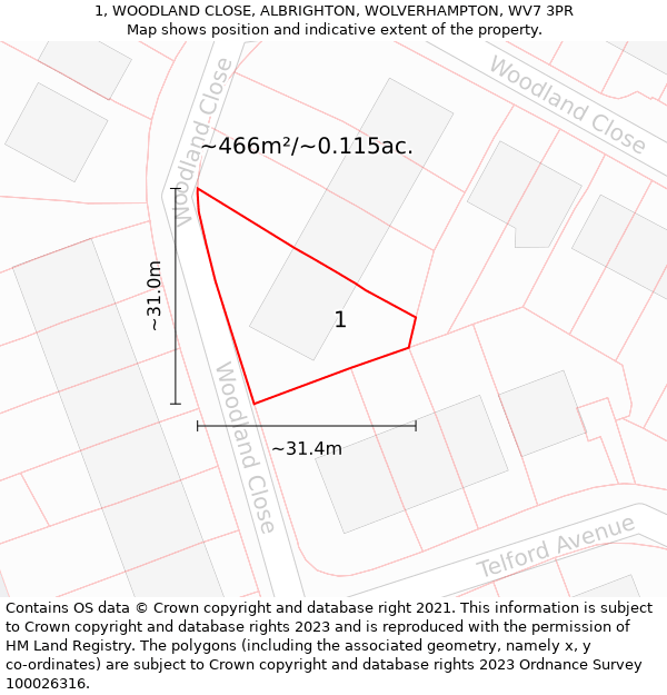 1, WOODLAND CLOSE, ALBRIGHTON, WOLVERHAMPTON, WV7 3PR: Plot and title map