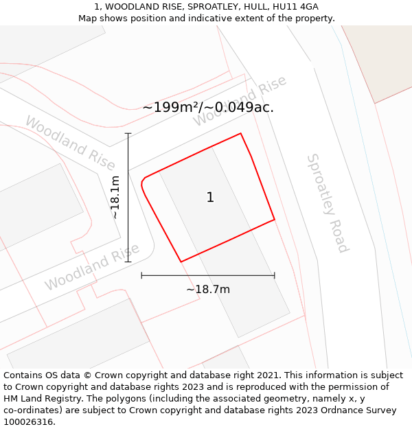 1, WOODLAND RISE, SPROATLEY, HULL, HU11 4GA: Plot and title map