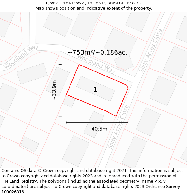 1, WOODLAND WAY, FAILAND, BRISTOL, BS8 3UJ: Plot and title map