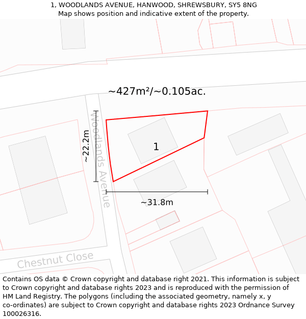 1, WOODLANDS AVENUE, HANWOOD, SHREWSBURY, SY5 8NG: Plot and title map