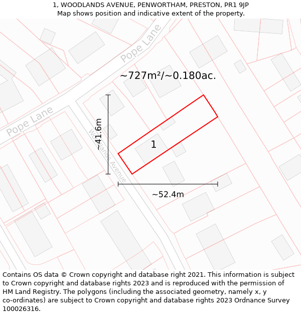 1, WOODLANDS AVENUE, PENWORTHAM, PRESTON, PR1 9JP: Plot and title map